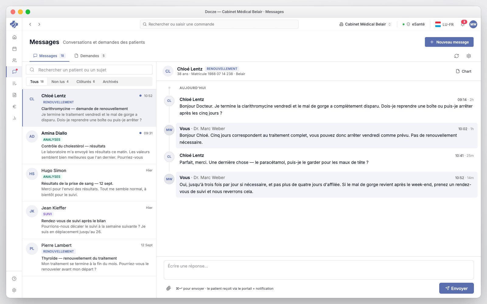 La messagerie dans Docze : une conversation avec un patient, et les demandes en attente de votre décision