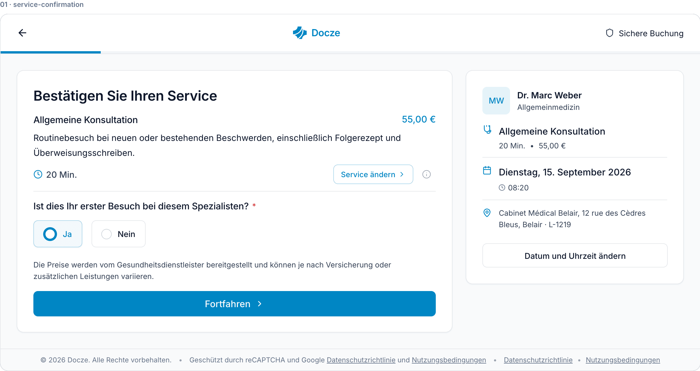 Eine Patientenbuchung auf Docze: Leistung, Hinweise und Fragen der Praxis, Patientendaten und Bestätigung
