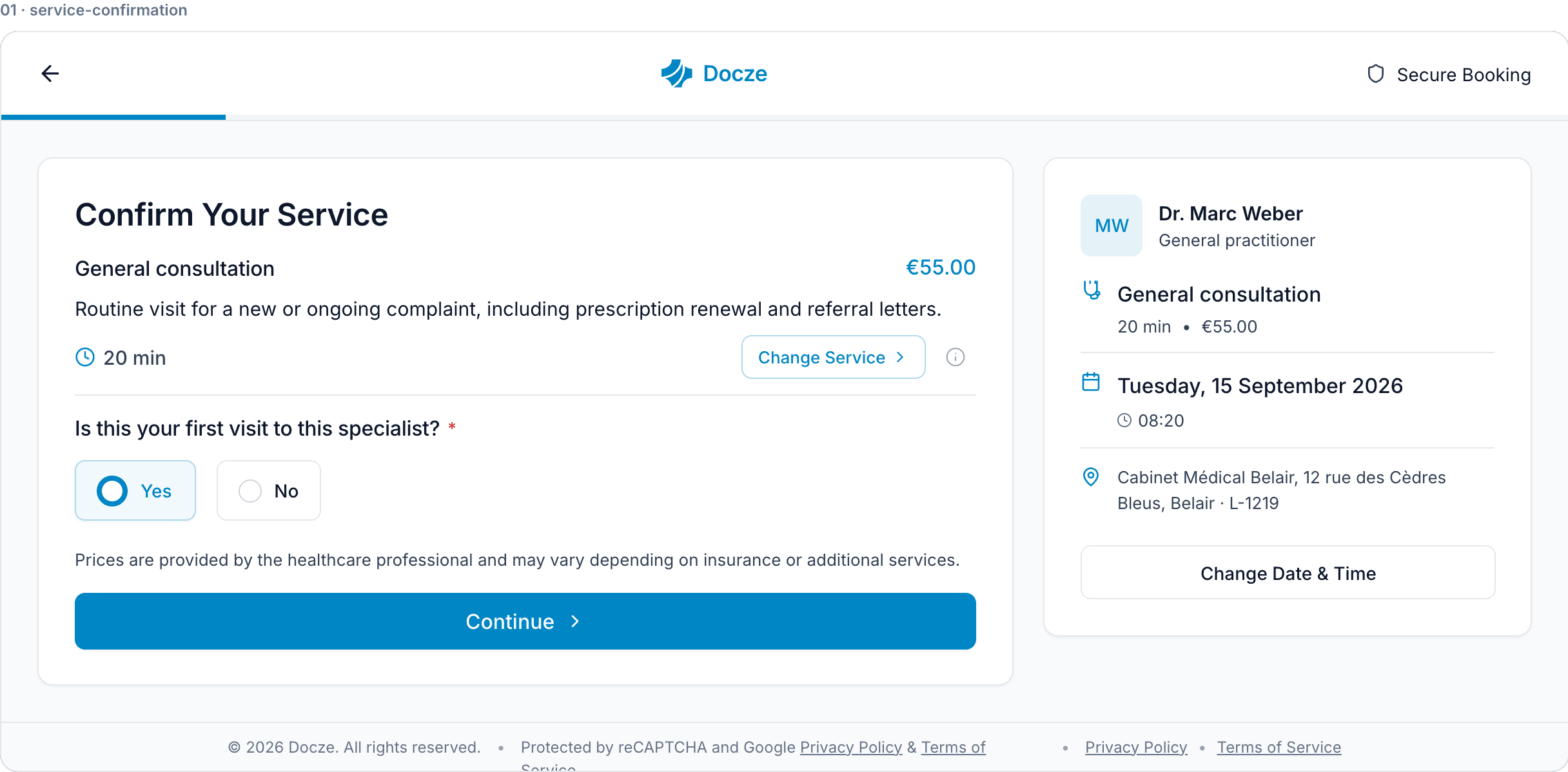 A patient booking on Docze: service, instructions and questions set by the practice, patient details, and the confirmed appointment