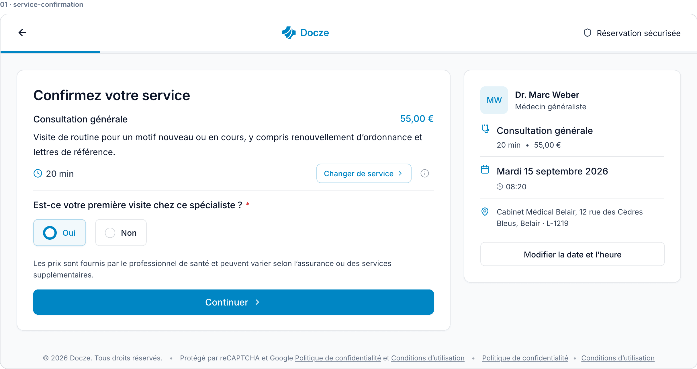Une réservation patient sur Docze : prestation, consignes et questions du cabinet, coordonnées et confirmation